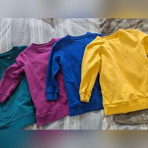 Primary Kids Sweatshirt Tunics in Teal, Purple, Blue, and Yellow